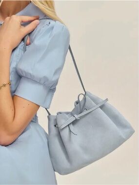 Reformation Ella Suede Leather Shoulder Bag Drawstring in Mist Blue